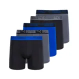 A set of five Puma boxer briefs in black, blue, and gray, each featuring a branded waistband with the Puma logo and name.