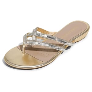 Gold slip-on sandals featuring a toe loop design with two rhinestone-encrusted straps creating a geometric pattern. The sandals have a slightly padded footbed for added comfort.