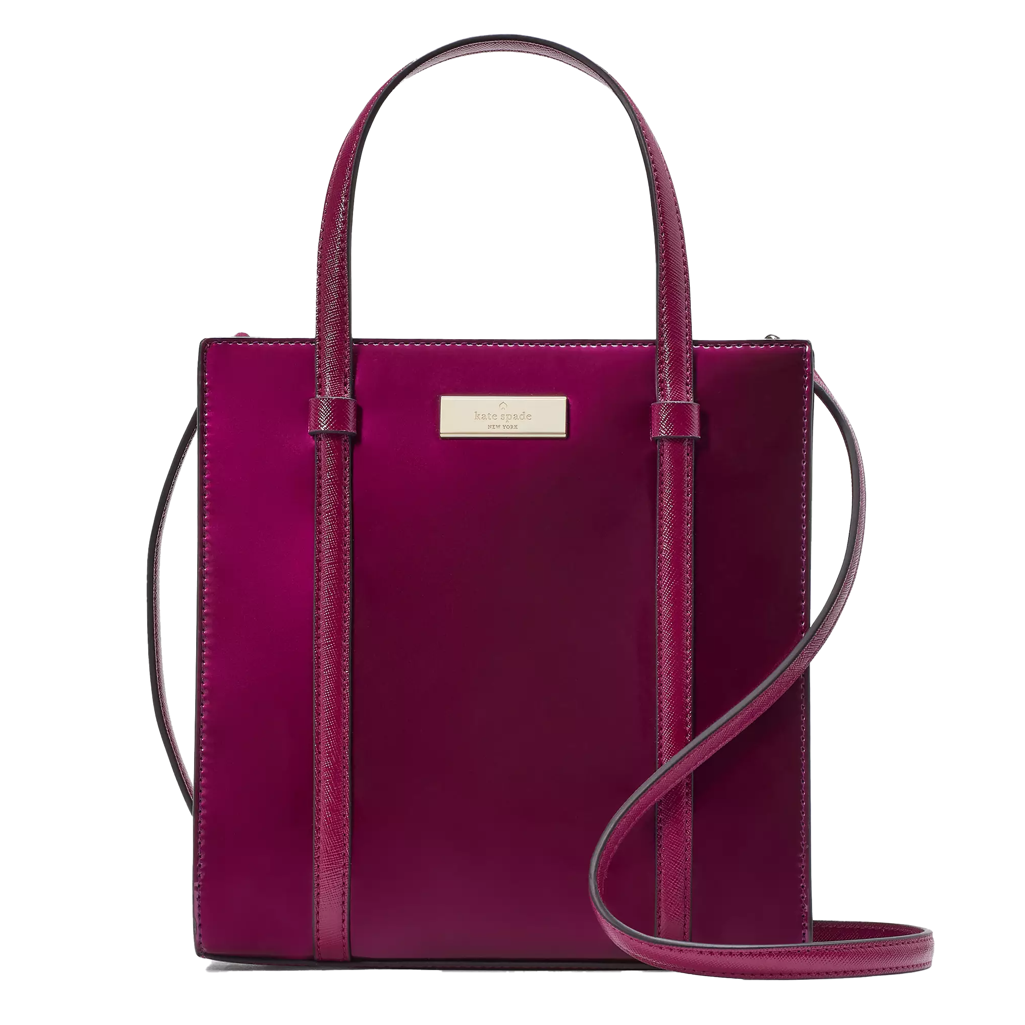 A fuchsia Kate Spade tote bag with a shoulder strap and a gold-tone logo plaque.