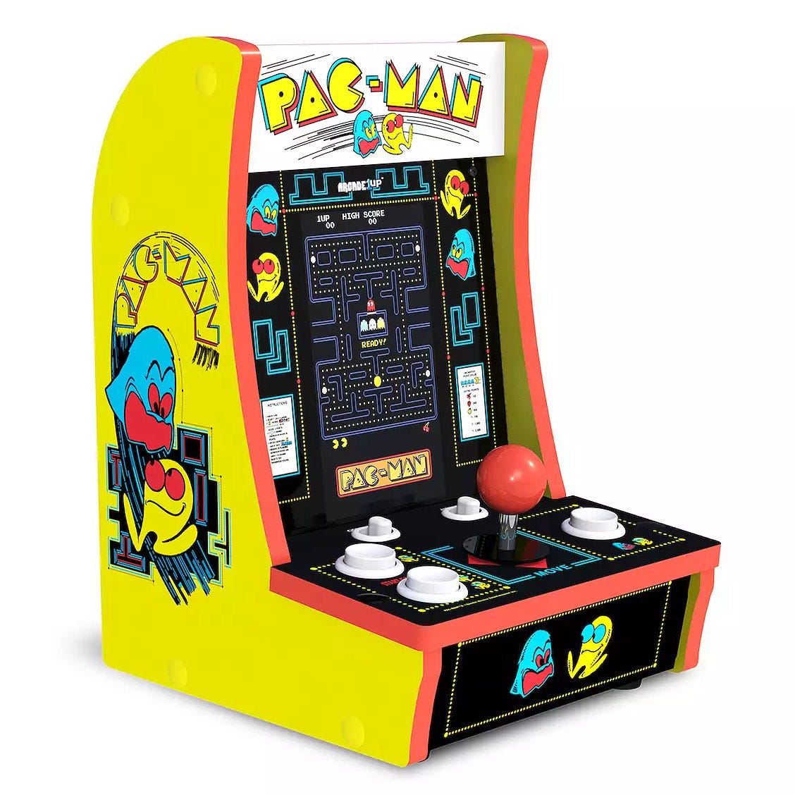 A miniature Pac-Man arcade game features a retro design with bright yellow sides, colorful graphics of Pac-Man and ghosts, and includes a joystick and buttons for gameplay, mimicking classic arcade machines.
