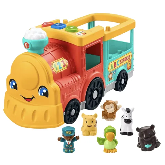 A colorful toy train featuring a smiling face, labeled \ā123\ā and \āABC Express,\ā accompanied by seven small animal and conductor figurines, including a monkey, lion, zebra, bear, parrot, and others.
