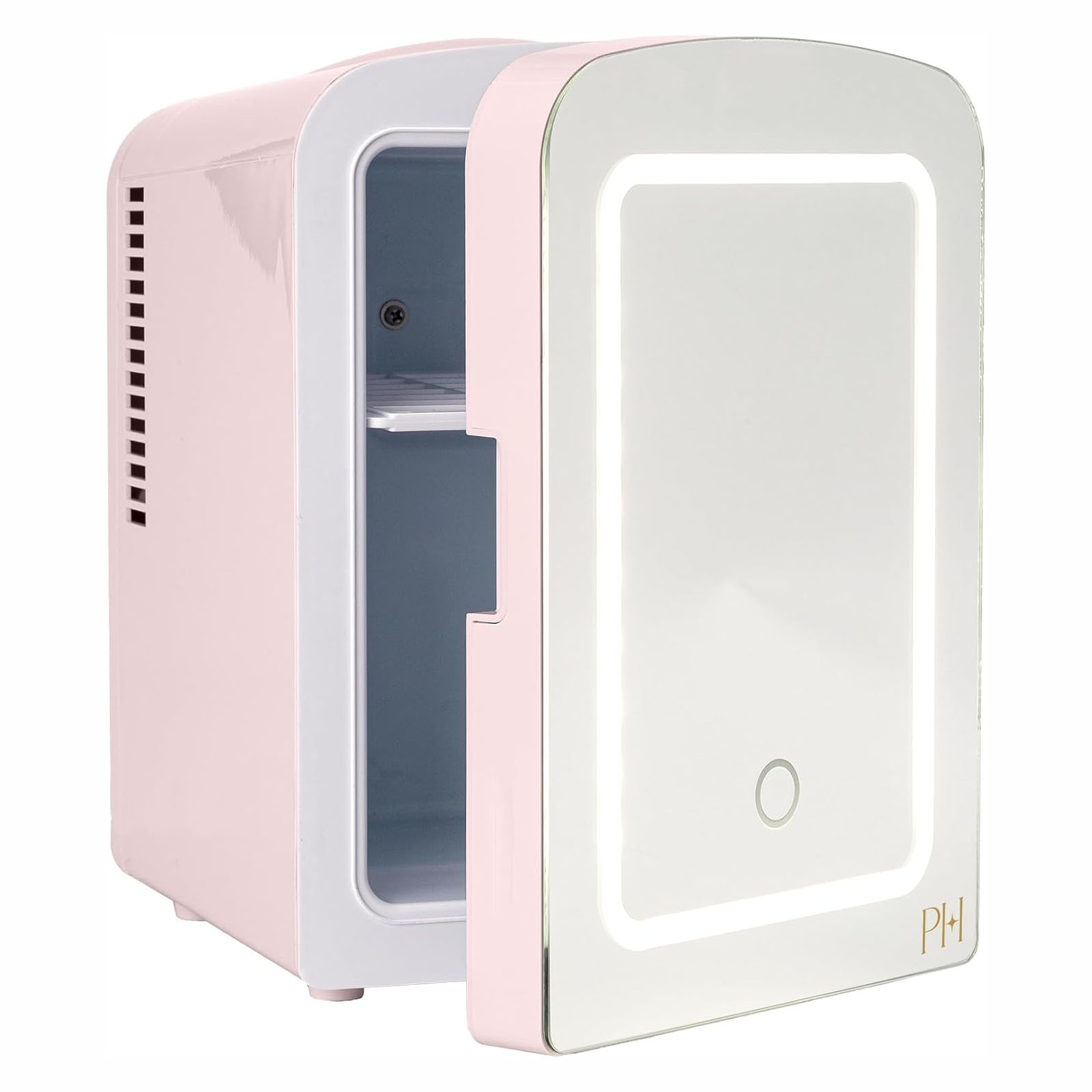A compact, pastel pink fridge with a mirrored door featuring an integrated LED light and a small touch button. The initials \“PH\“ are displayed on the lower corner.