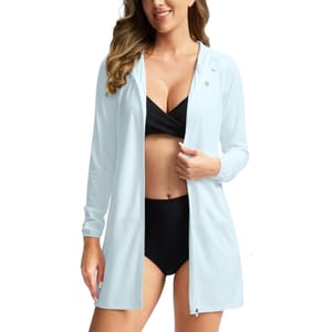 Light blue, long-sleeve sun-protection hoodie with an open front design, worn over a black two-piece swimsuit.