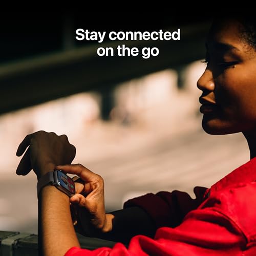 A person wearing a smartwatch checks the time with the text \“Stay connected on the go\“ displayed above.