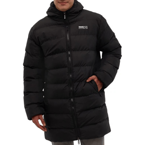The Bench DNA Puffer Coat is a black, long, quilted jacket with a hood, featuring a front zipper closure and a logo patch on the chest. It has side pockets for added functionality.