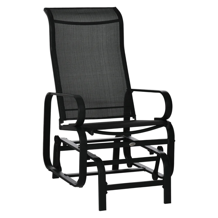 Outdoor black metal patio glider chair with mesh seat and backrest, featuring curved armrests and a sturdy frame for stability and comfort.