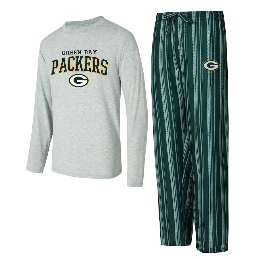 Green Bay Packers pajama set featuring a gray long-sleeve shirt with team logo and name, paired with green striped pants.
