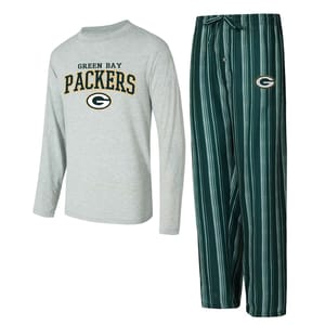 Green Bay Packers pajama set featuring a gray long-sleeve shirt with team logo and name, paired with green striped pants.