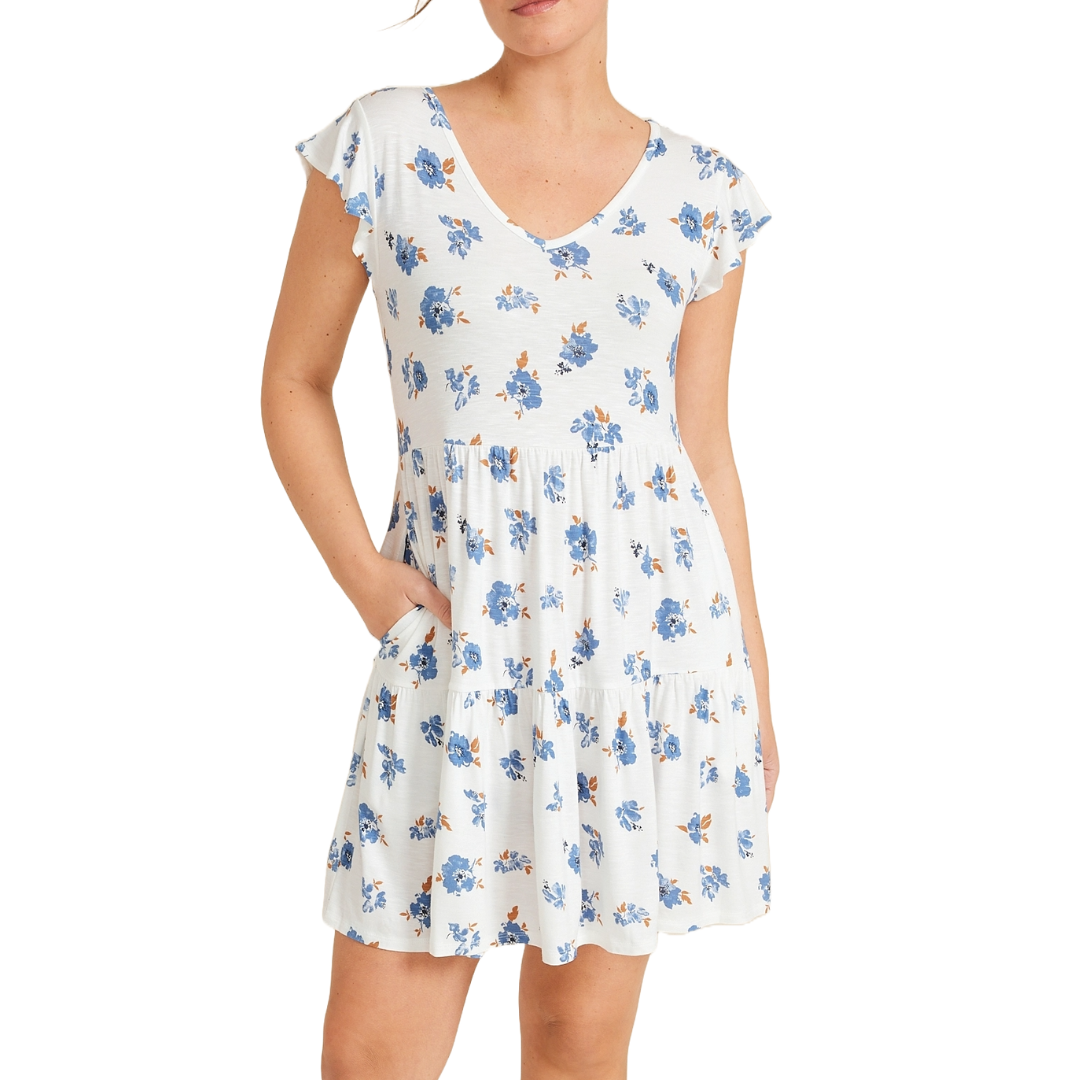 A white floral A-line dress featuring blue and orange flowers, short flutter sleeves, and a V-neck.