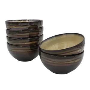 Set of six dark ceramic bowls with a marbled pattern and a smooth, glossy finish.