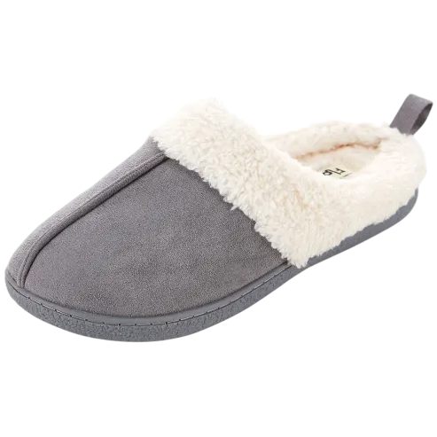 Gray slipper with a white fluffy lining, textured sole, and a heel loop.