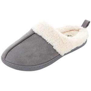 Gray slipper with a white fluffy lining, textured sole, and a heel loop.