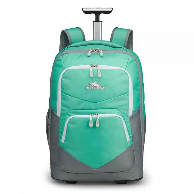 A teal and gray rolling backpack with a retractable handle and two zippered compartments. Features \“High Sierra\“ branding.