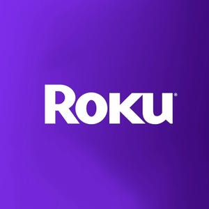 Roku logo on a purple background. Roku is a platform for streaming television content, offering access to a variety of channels and services.
