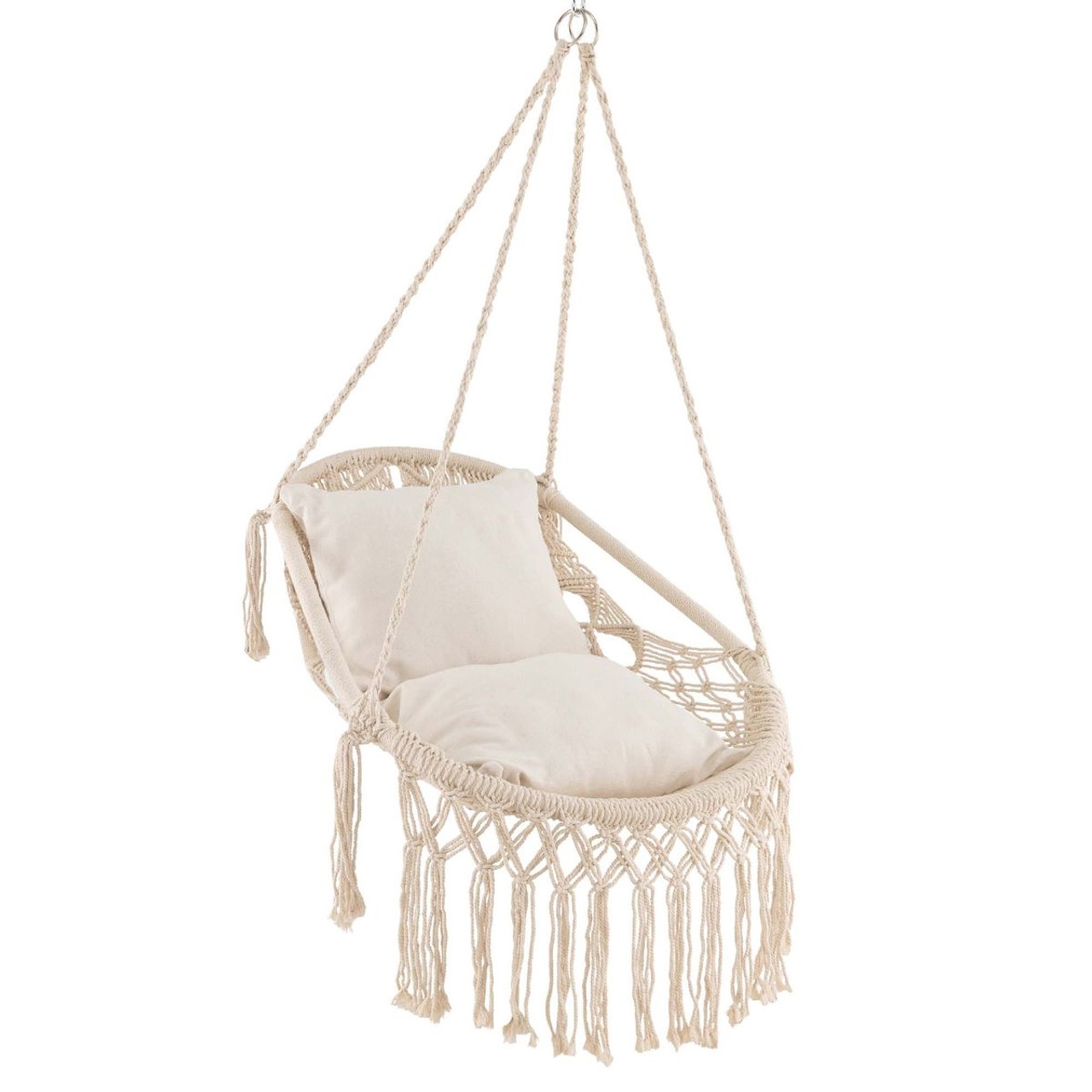 Hanging macramé chair with a cushioned seat, featuring a woven rope design and fringe detailing.