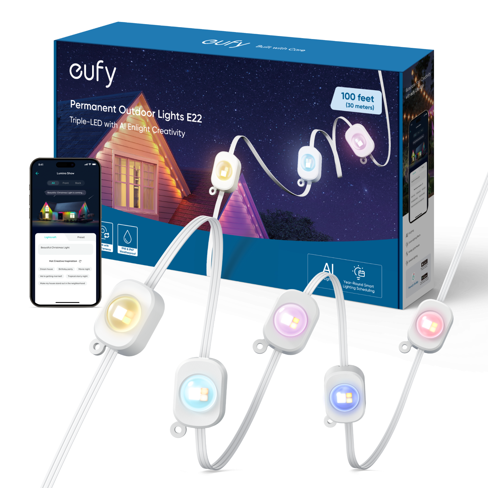 Eufy Permanent Outdoor Lights E22 with AI technology, featuring triple-LEDs for creative lighting. The set includes 100 feet of waterproof lights and offers year-round smart lighting scheduling.