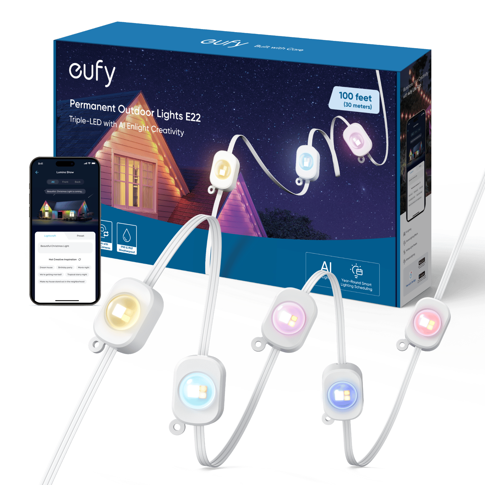 Eufy Permanent Outdoor Lights E22 with AI technology, featuring triple-LEDs for creative lighting. The set includes 100 feet of waterproof lights and offers year-round smart lighting scheduling.