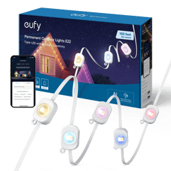 Eufy Permanent Outdoor Lights E22 with AI technology, featuring triple-LEDs for creative lighting. The set includes 100 feet of waterproof lights and offers year-round smart lighting scheduling.