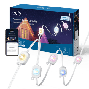 Eufy Permanent Outdoor Lights E22 with AI technology, featuring triple-LEDs for creative lighting. The set includes 100 feet of waterproof lights and offers year-round smart lighting scheduling.