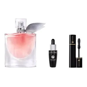 Perfume with a pink hue, a Lancôme Génifique Ultimate serum bottle, and a Lancôme Hypnose mascara with its brush displayed.