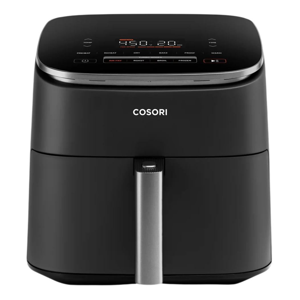 A black Cosori air fryer with digital controls and a sleek design, featuring multiple cooking presets like air fry, roast, and broil.