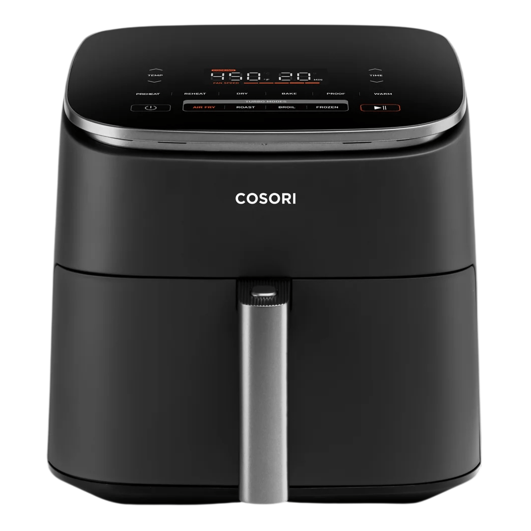 A black Cosori air fryer with digital controls and a sleek design, featuring multiple cooking presets like air fry, roast, and broil.