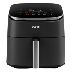 A black Cosori air fryer with digital controls and a sleek design, featuring multiple cooking presets like air fry, roast, and broil.