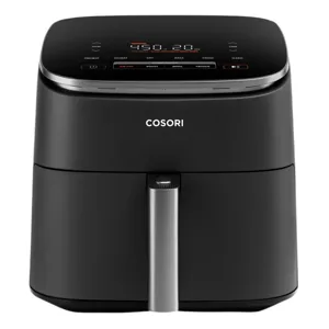 A black Cosori air fryer with digital controls and a sleek design, featuring multiple cooking presets like air fry, roast, and broil.