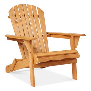 A wooden Adirondack chair with a slatted backrest and wide armrests, featuring a natural finish.