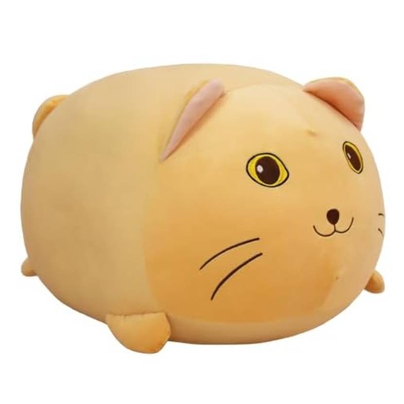 A round, plush toy resembling a cute, smiling cat with a beige color and simple facial features.