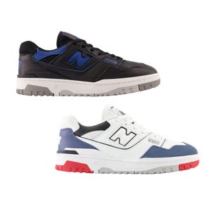 Two pairs of New Balance 550 sneakers, one in black with blue accents and the other in white with blue and red accents.