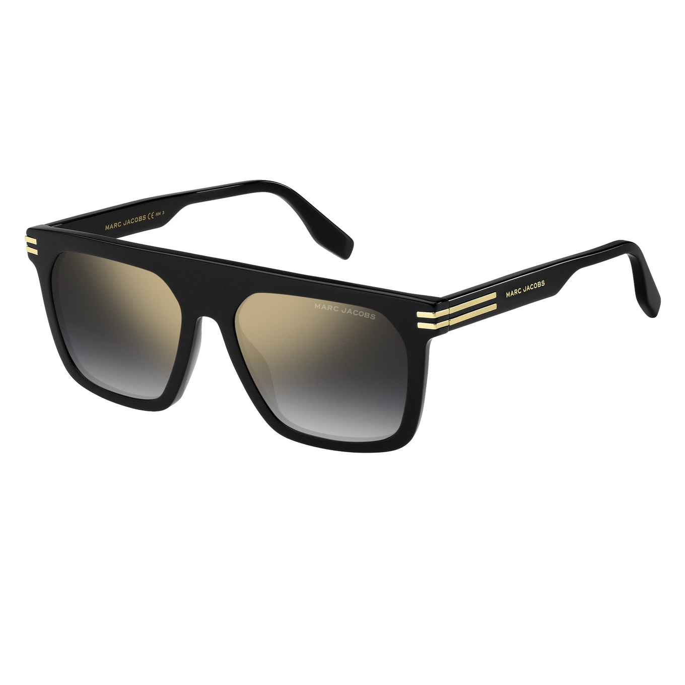 Black Marc Jacobs sunglasses with gradient lenses and gold accent stripes on the arms.