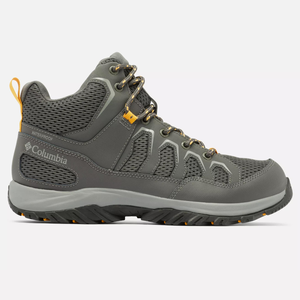 Gray Columbia hiking boots with mesh uppers, waterproof labeling, orange accents, and a black sole with orange treads.