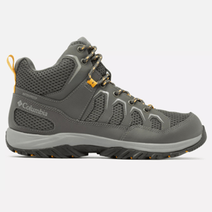 Gray Columbia hiking boots with mesh uppers, waterproof labeling, orange accents, and a black sole with orange treads.