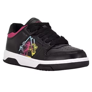 Black low-top sneaker with black laces, featuring a neon-colored creature design on the side and a white and black sole.