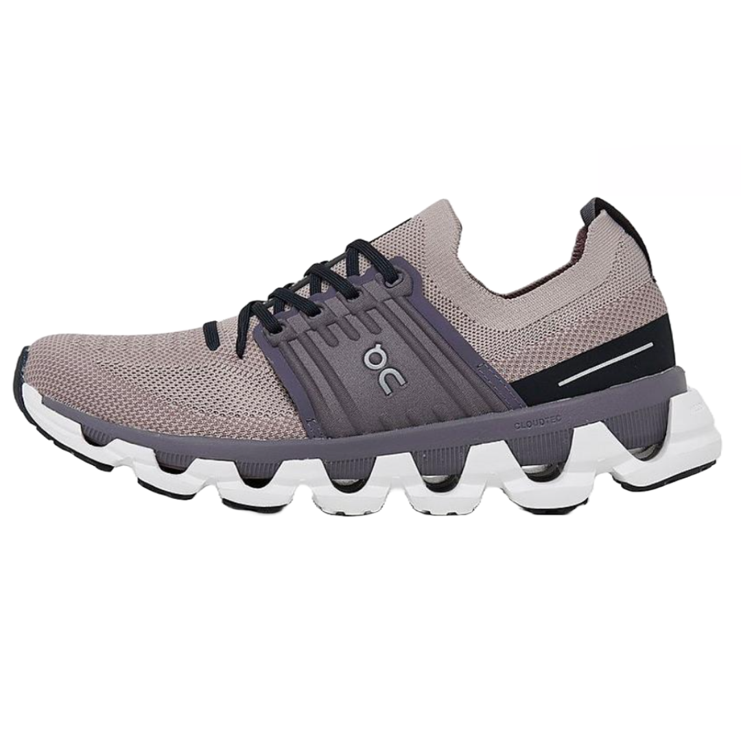 On Cloudswift Running Shoes feature a knit upper in a muted mauve tone with dark laces and accents, and a distinctive white segmented sole for cushioning. They include branding on the side and have a sleek, modern design.
