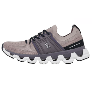 On Cloudswift Running Shoes feature a knit upper in a muted mauve tone with dark laces and accents, and a distinctive white segmented sole for cushioning. They include branding on the side and have a sleek, modern design.