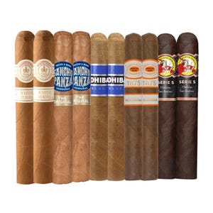 10-cigar sampler featuring: 2 Montecristo White Series, 2 Sancho Panza The Original, 2 Cohiba Blue, 2 Romeo y Julieta 1875, and 2 La Gloria Cubana Serie S, showcasing a mix of mild to full-bodied cigars.
