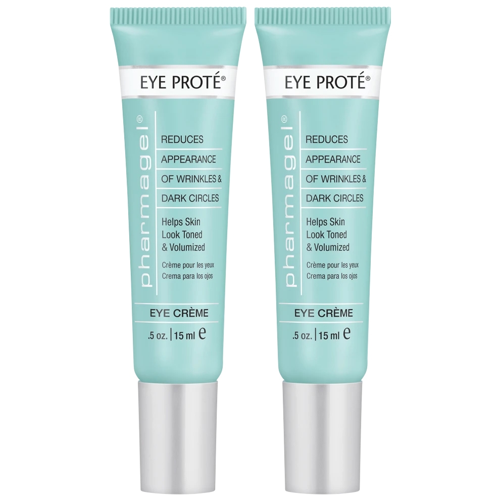 Two tubes of Pharmagel Eye Protégé Eye Crème, 15 ml each, designed to reduce the appearance of wrinkles and dark circles, helping skin look toned and volumized.