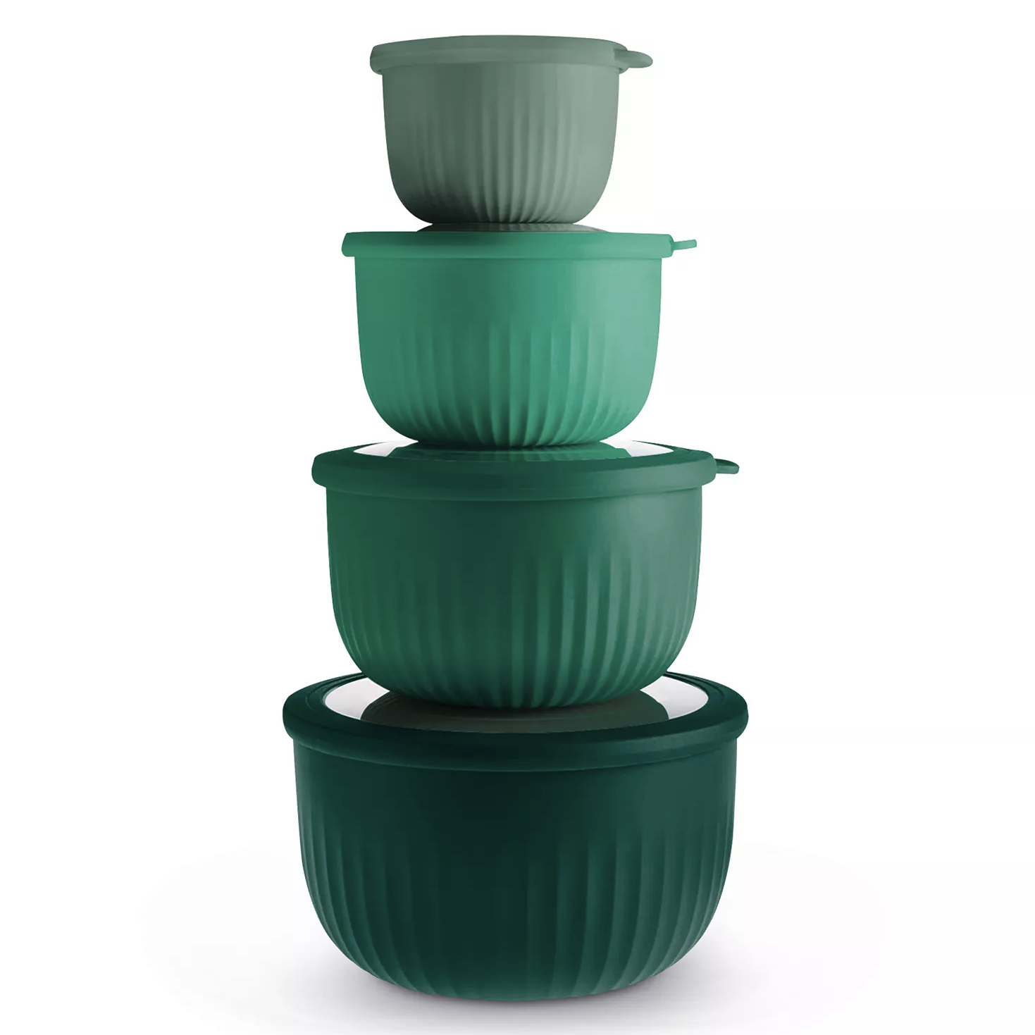 A stack of four green plastic bowl containers in varying shades, each with a lid, arranged in decreasing size order from bottom to top.