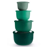 A stack of four green plastic bowl containers in varying shades, each with a lid, arranged in decreasing size order from bottom to top.