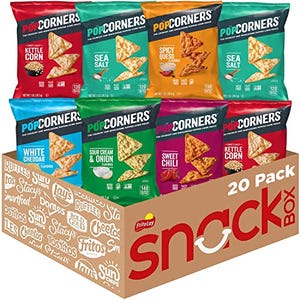 A 20-count variety pack of Popcorners snack bags in different flavors, displayed in a cardboard box.