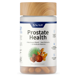90ct Prostate Health Capsules by SNAP contain a mushroom blend, saw palmetto, and 10 herbs and vitamins. They support healthy prostate and bladder function and provide inflammation support.