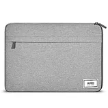 A gray laptop sleeve with a zippered pocket and a logo patch reading \“solo New York\“.