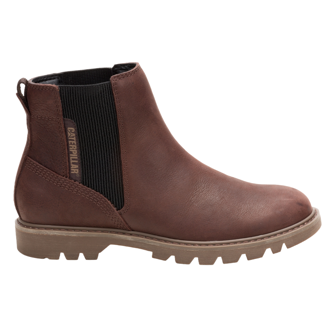 Brown leather Chelsea boot with elastic side panels and a rugged sole, branded \“Caterpillar\“ on the side.