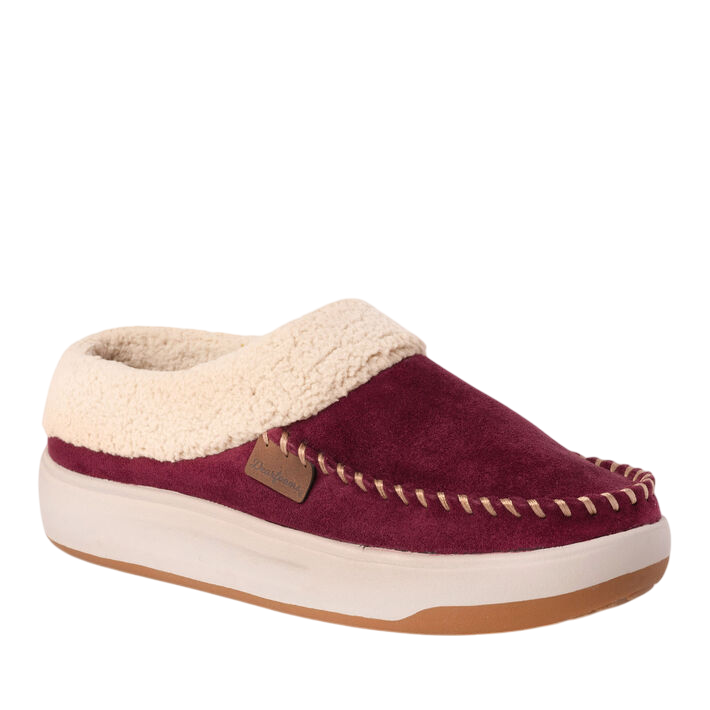 A maroon suede moccasin slipper with white stitching, featuring a cream fleece lining and a rubber sole.