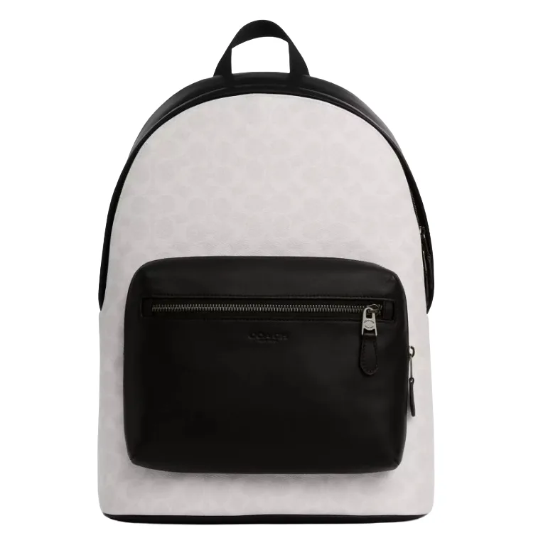 A sleek backpack featuring a light textured pattern with a prominent black front pocket and zipper.