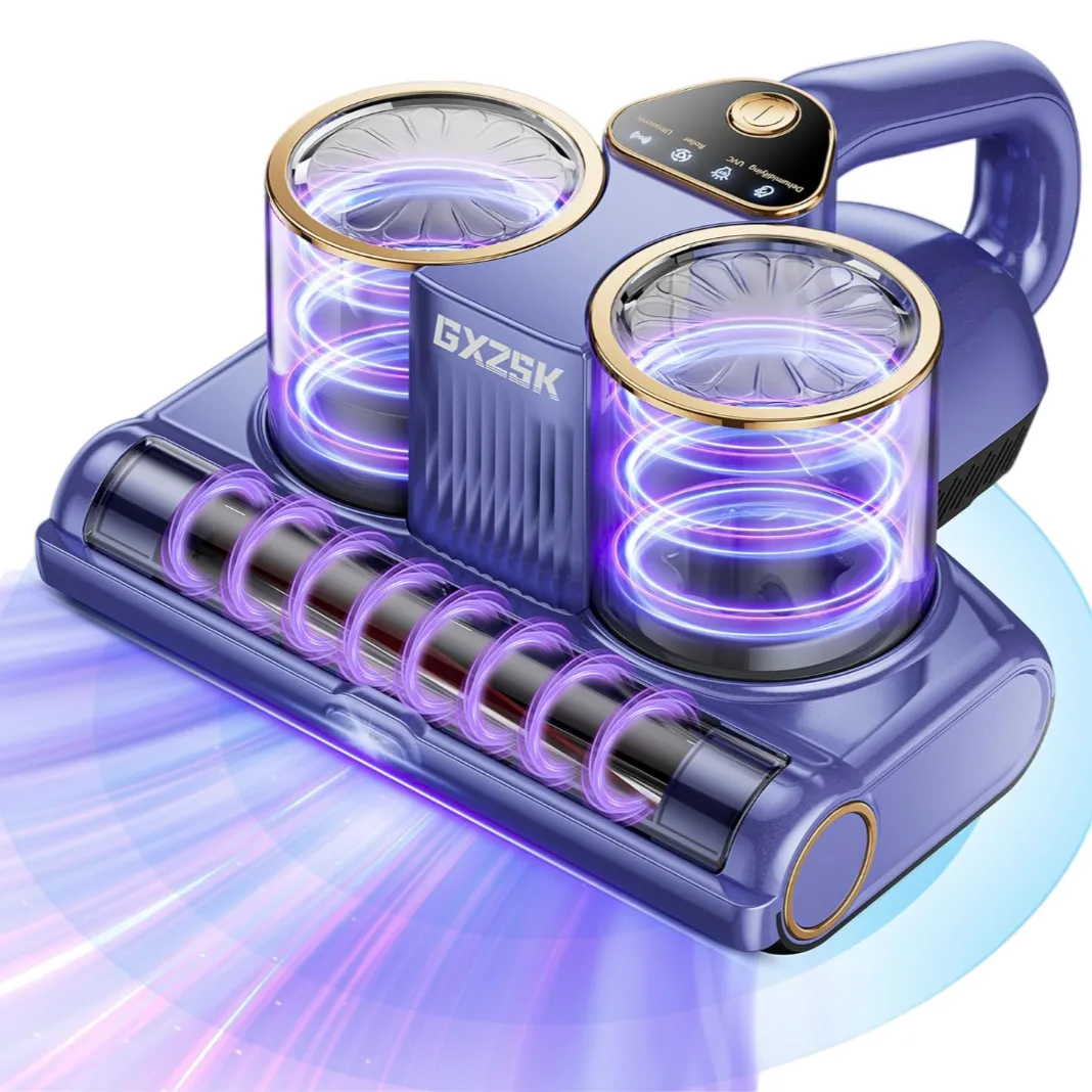 A compact, handheld dual-cylinder vacuum cleaner with a futuristic design featuring glowing coils, likely intended for efficient surface cleaning.