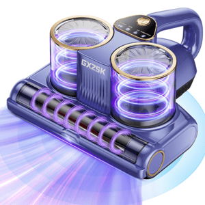 A compact, handheld dual-cylinder vacuum cleaner with a futuristic design featuring glowing coils, likely intended for efficient surface cleaning.