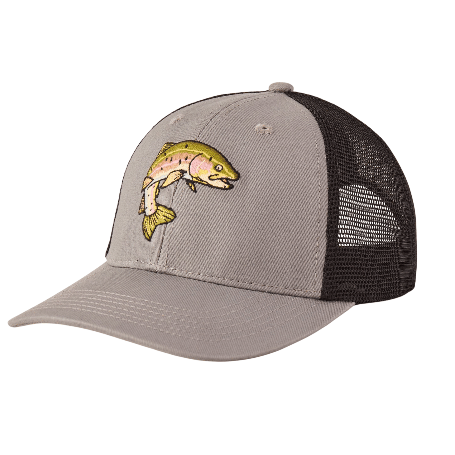 A gray and black trucker hat featuring an embroidered fish design on the front panel.